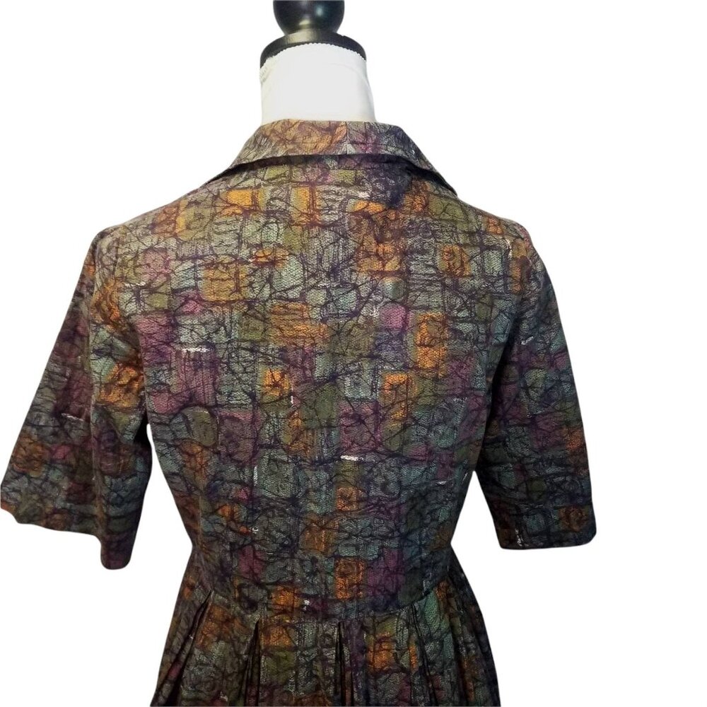 Vintage 1950s Abstract Pollock Print Day Dress, Atomic MCM Midcentury Shirtwaist - Picture 9 of 11
